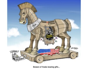 Biden - Harris Trojan Horse Political Cartoon