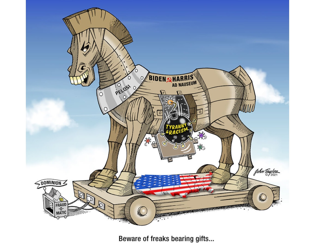 Biden - Harris Trojan Horse Political Cartoon
