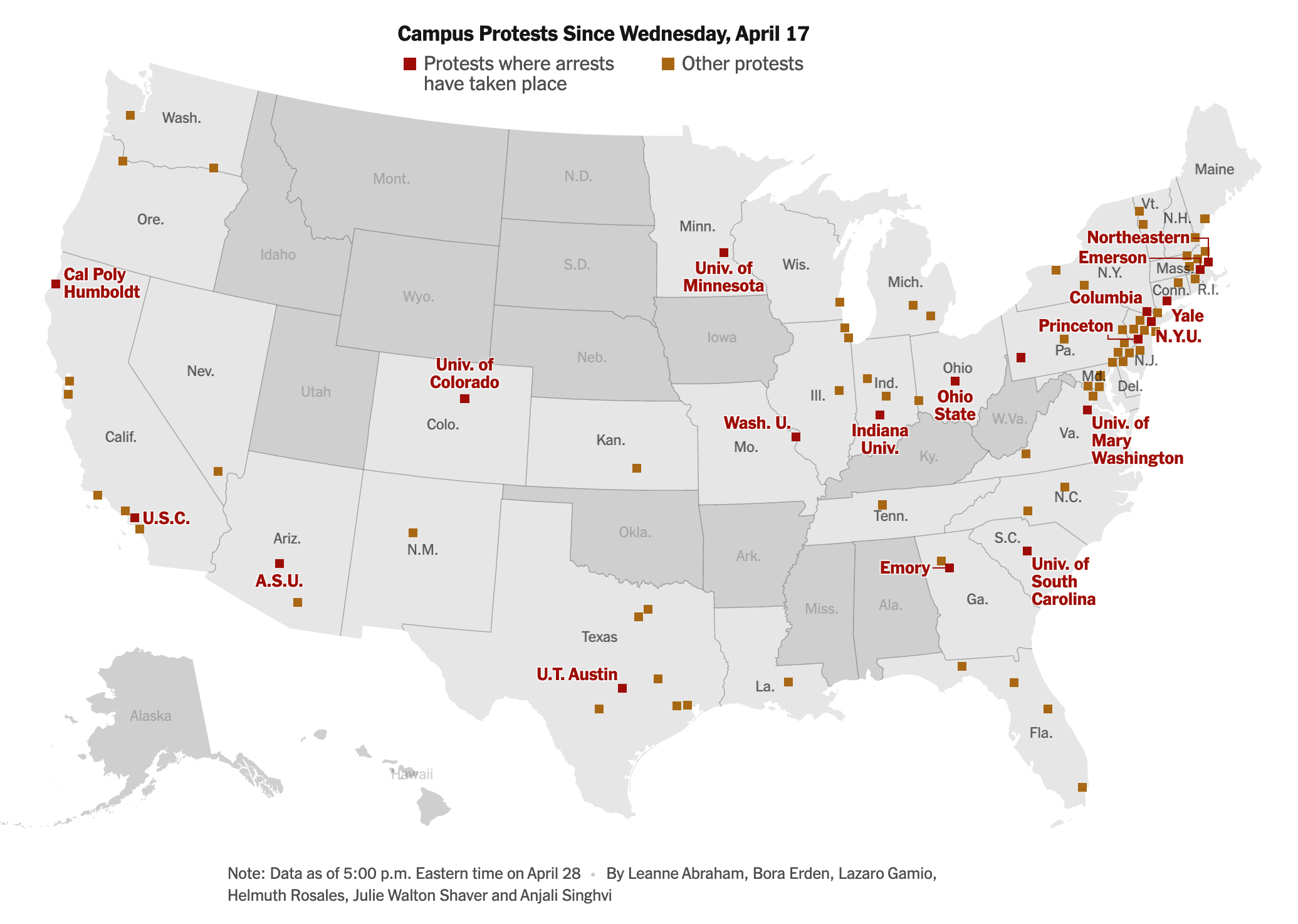 US Map of College Protests for Gaza