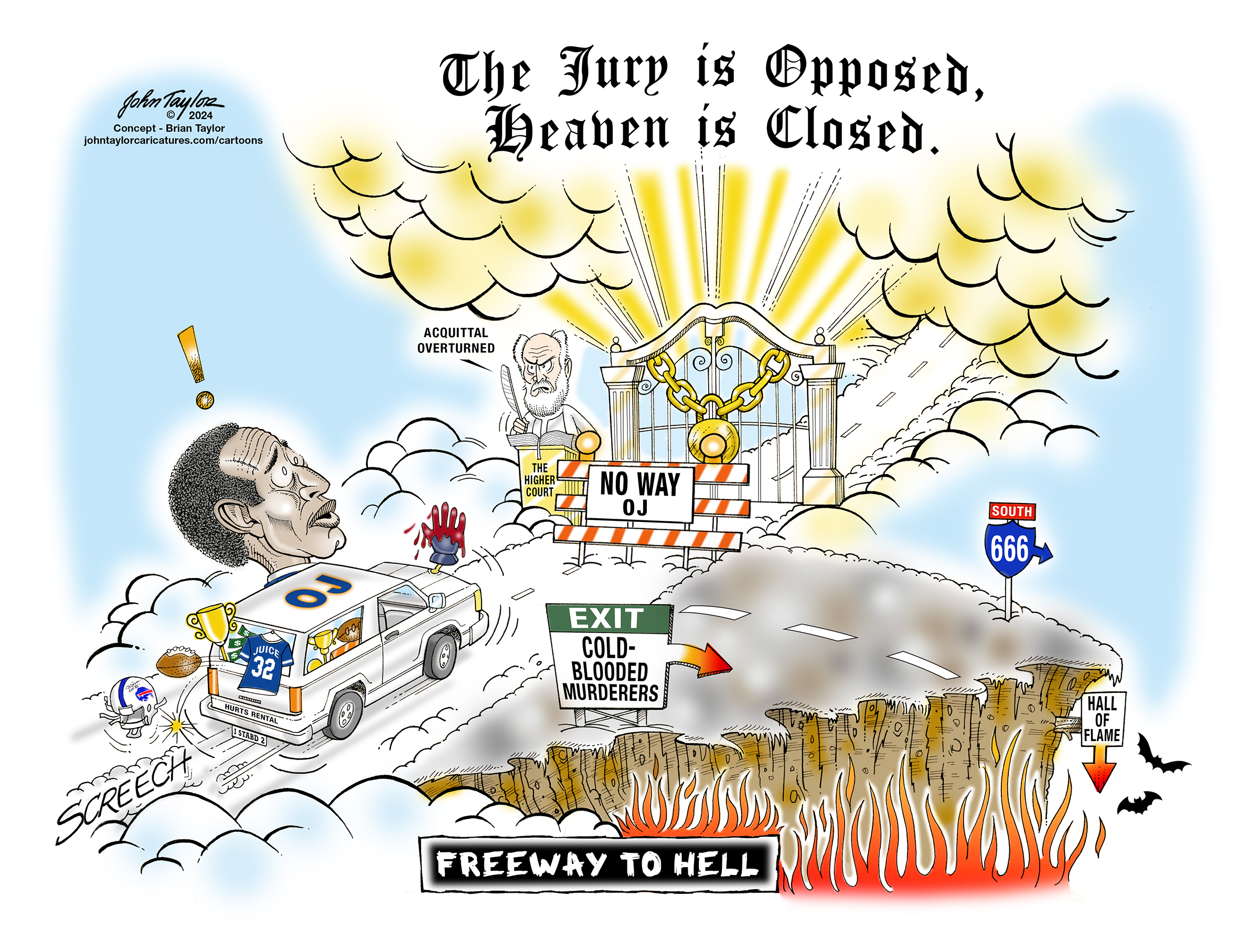OJ Simpson obituary cartoon - Gone to Hell