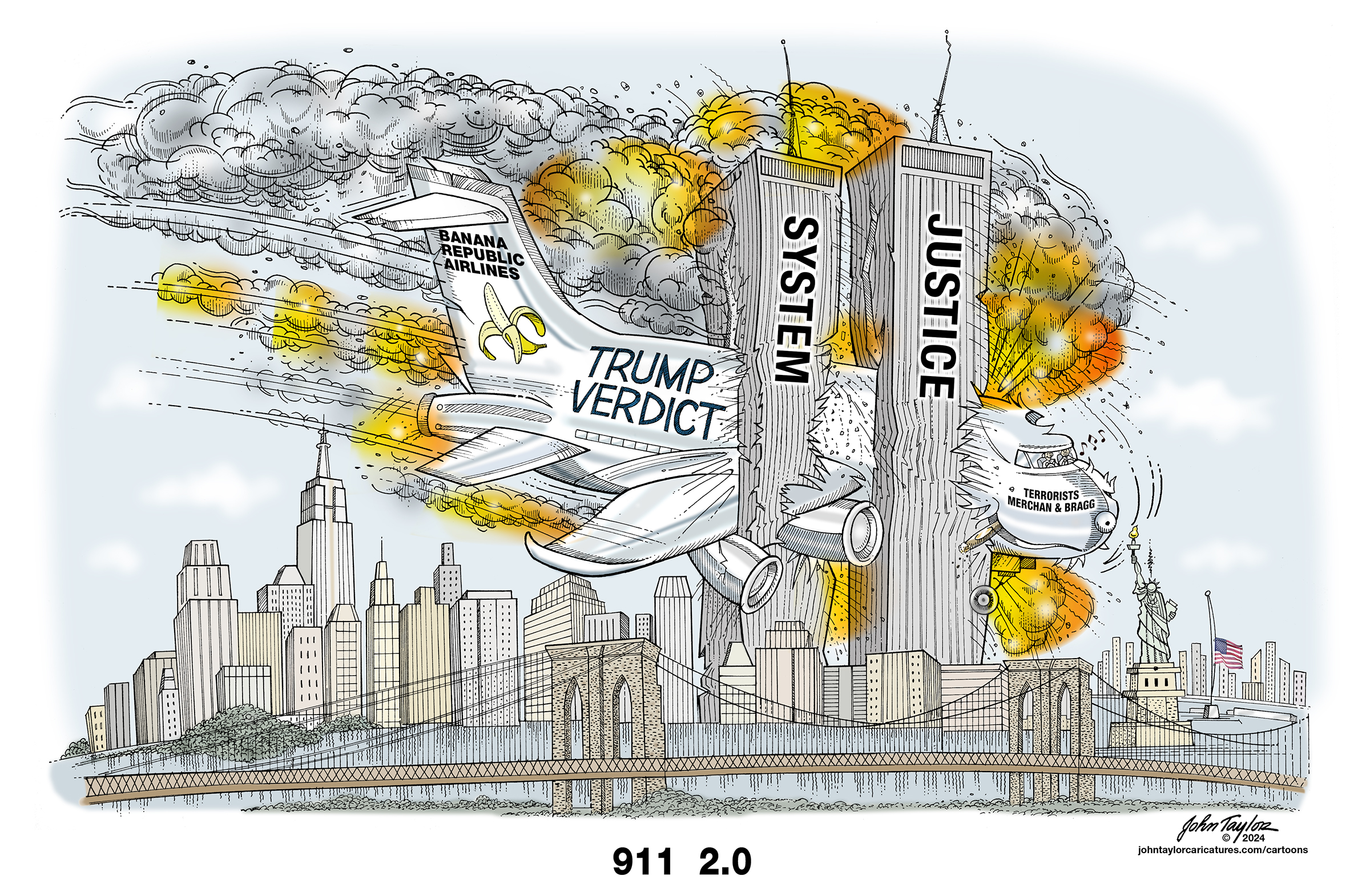 Trump Verdict Cartoon - 911 2.0 - Juan Merchan and Alvin Bragg, Justice System Terrorists