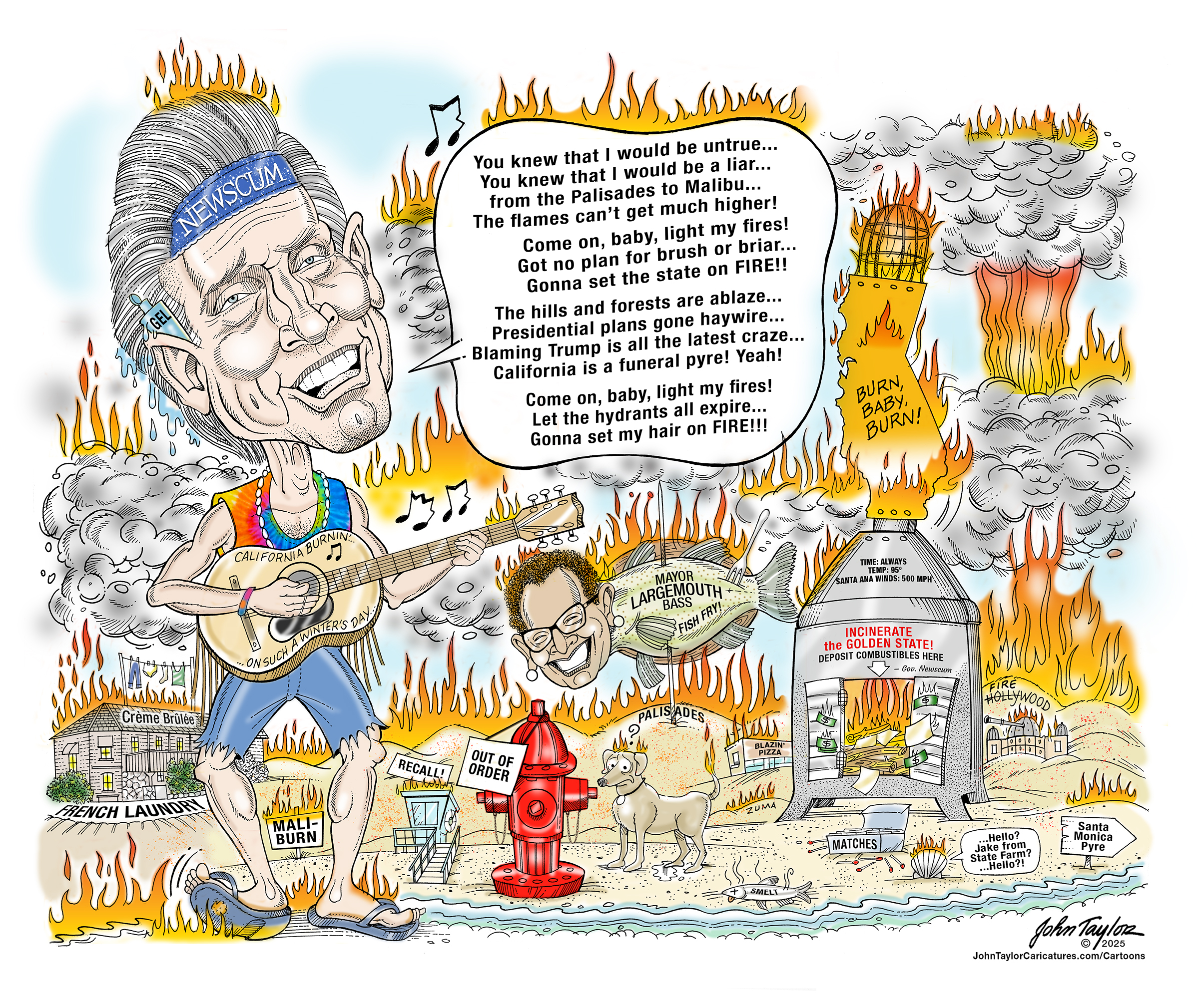 California Governor, Gavin Newsom and LA Mayor Karen Bass, Light My California Fires - political cartoon by John Taylor