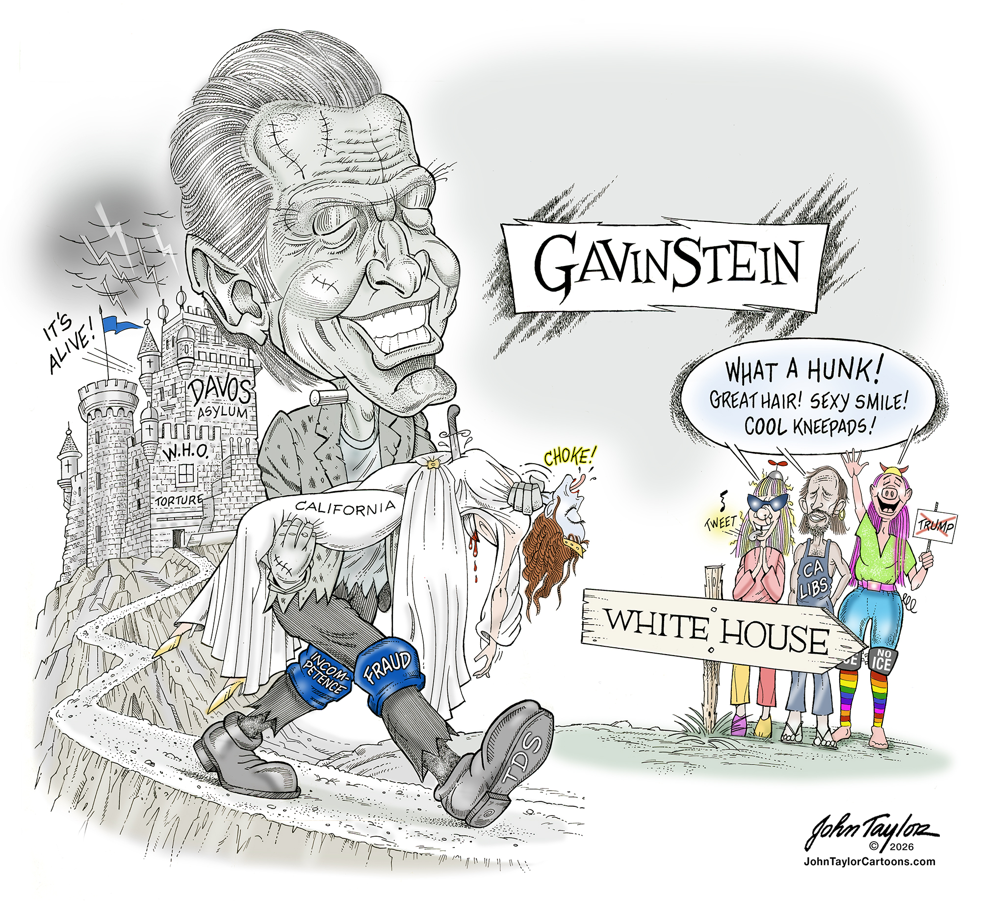 California Gov. Gavin Newsom terrorizing and killing California. Cartoon by John Taylor.