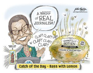 LA Mayor Karen Bass congratulates rotten, arrested journalist, Don Lemon. Cartoon by John Taylor.