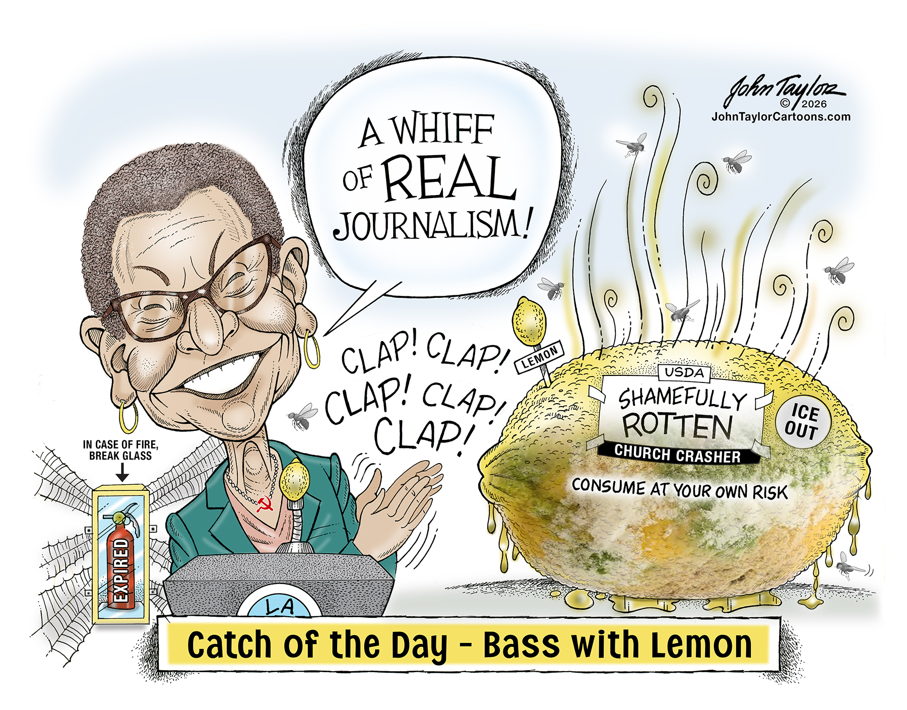 LA Mayor Karen Bass congratulates rotten, arrested journalist, Don Lemon. Cartoon by John Taylor.