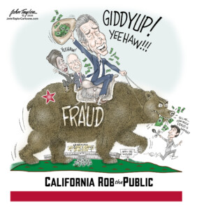 Governor Gavin Newsom and California Hospice Fraud with Nick Shirley - Cartoon by John Taylor
