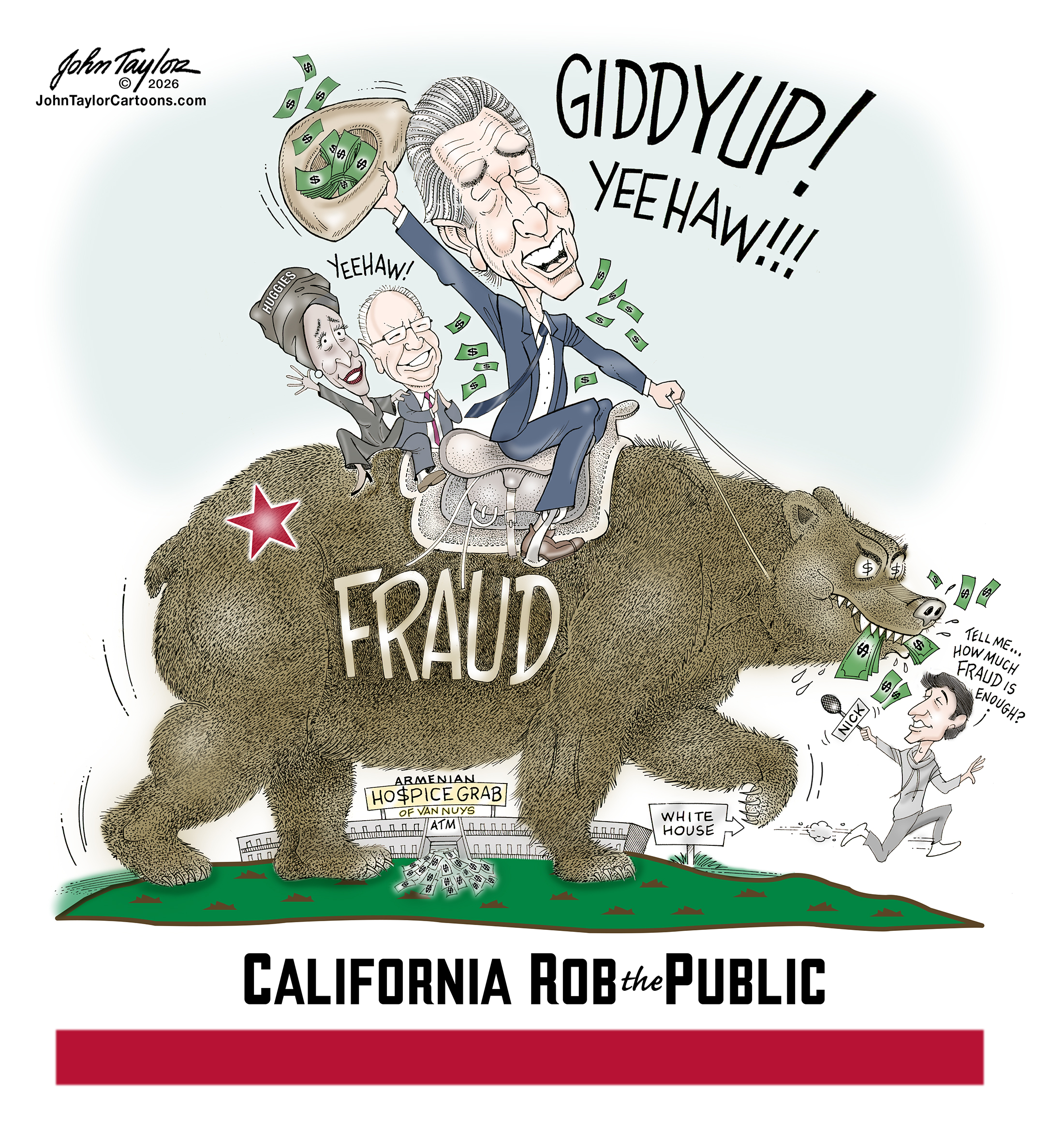 Governor Gavin Newsom and California Hospice Fraud with Nick Shirley - Cartoon by John Taylor