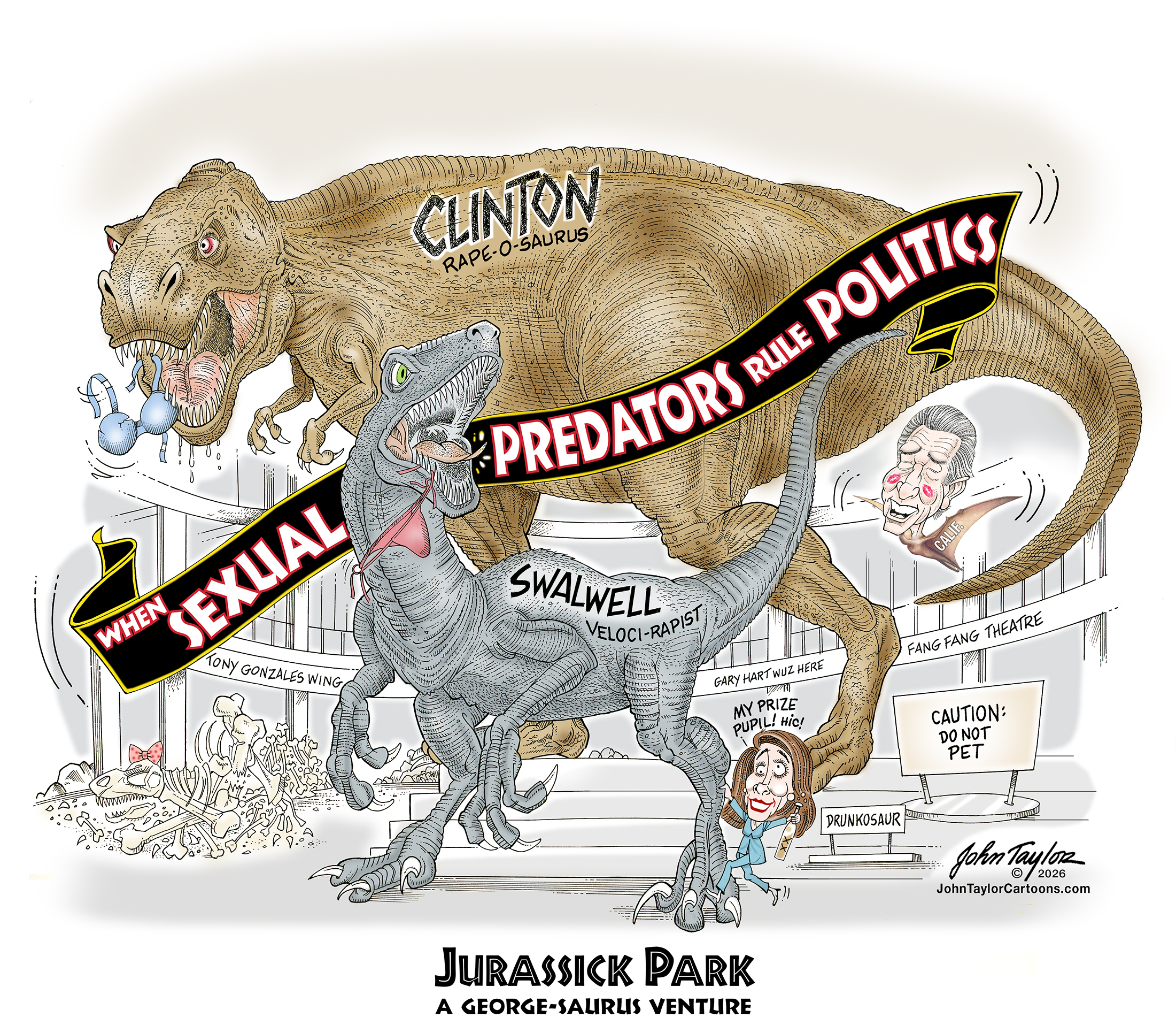 Jurassick Park - Sexual Predators in Politics - Bill Clinton, Eric Swalwell, Tony Gonzales, Gavin Newsom - Editorial Cartoon by John Taylor