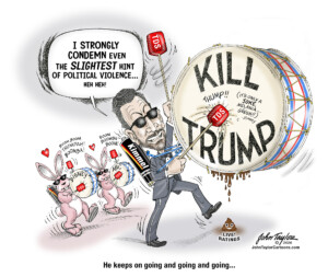 Jimmy Kimmel editorial cartoon - by John Taylor. Kimmel's hateful, anti-Trump "comedy" rhetoric shamefully backed up by Disney and ABC.