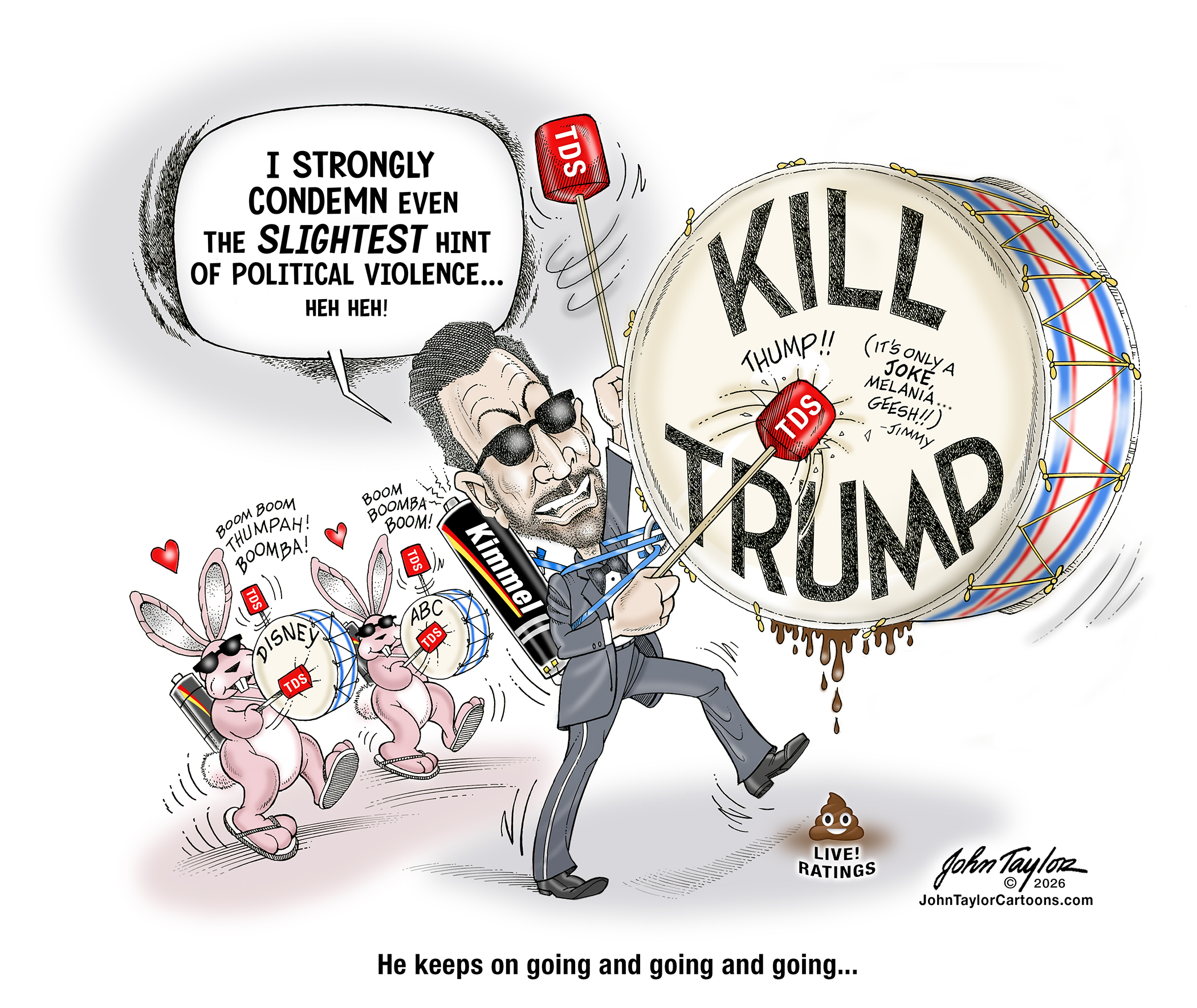 Jimmy Kimmel editorial cartoon - by John Taylor. Kimmel's hateful, anti-Trump "comedy" rhetoric shamefully backed up by Disney and ABC.