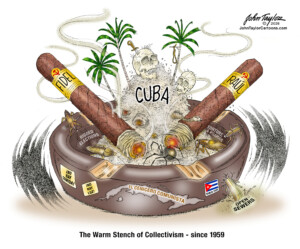 Cuba - The Warm Stench of Collectivism - since 1959. Nearly 70 years of predatory communism perpetrated by the sick and twisted Castro brothers, Fidel and Raúl, have decimated this proud island nation. Political cartoon by John Taylor.