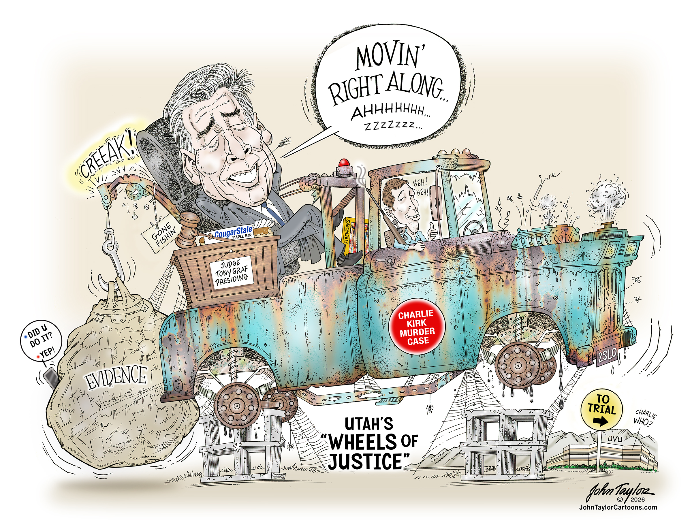 Charlie Kirk Murder Case - Provo, Utah - Judge Tony Graf and Tyler Robinson - Political Cartoon by John Taylor