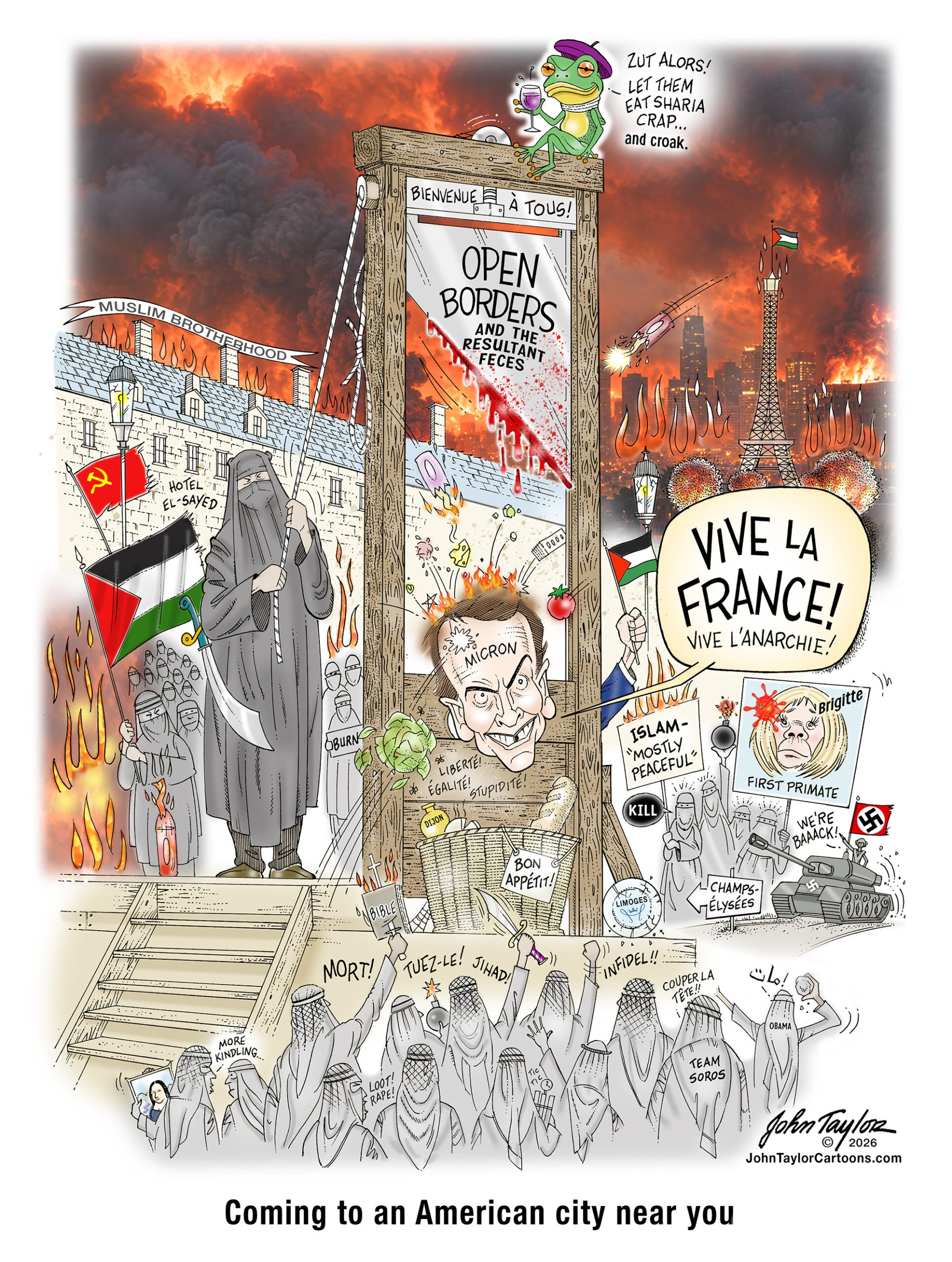 Micron Macron Editorial Cartoon - French Riots and Muslims - by John Taylor